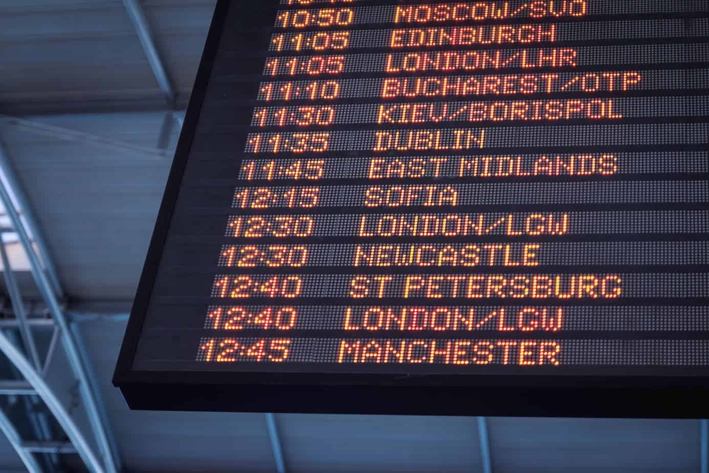 Flight destinations in board in airport