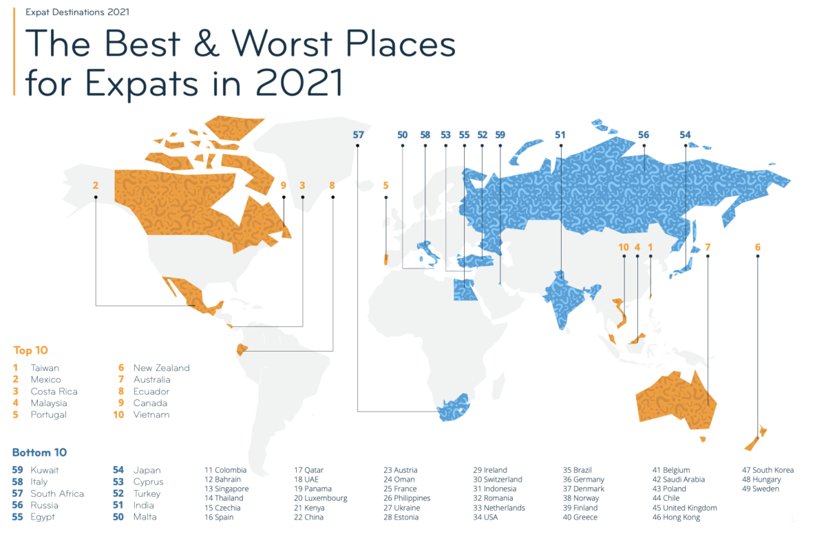 A map of the top expat countries of 2021