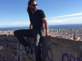 Neville sitting at the top of a wall looking at the city