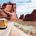 Car driving in Arches National Park Entrance Station, Moan, USA