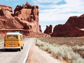 Car driving in Arches National Park Entrance Station, Moan, USA