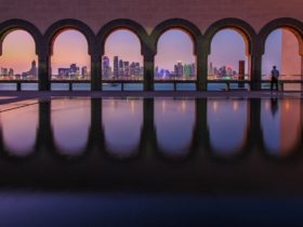 Bridge in Skyline of Doha, Qatar during blue hour