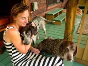 Jane Thomas sits on a front porch with one dog cuddling her and another dog sitting at her lap