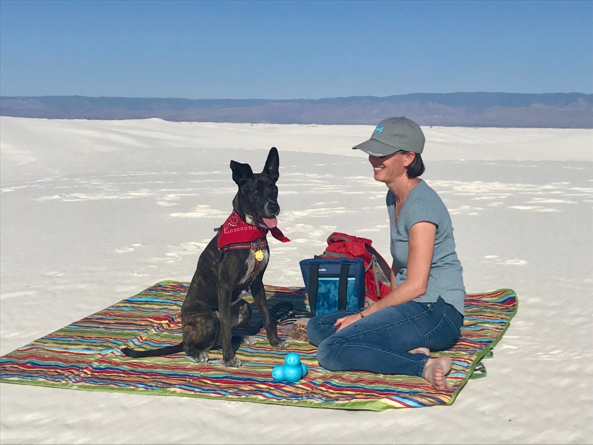 Amy burkert sits on a picnic blanket on the sand with one her dogs sitting with her that's wearing a red bandana scarf