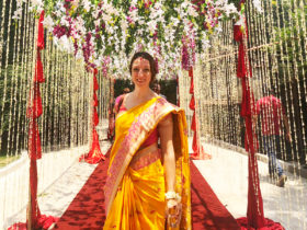 Michelle Della Giovanna wearing a traditional dress in Kathmandu, Nepal