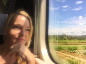 Helen Ryan in a train traveling from Krakow to Warsaw, Poland