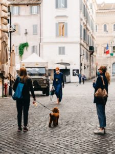 two women with dog on a leash in city