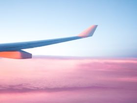 Aerial view of airplane wing during afternoon