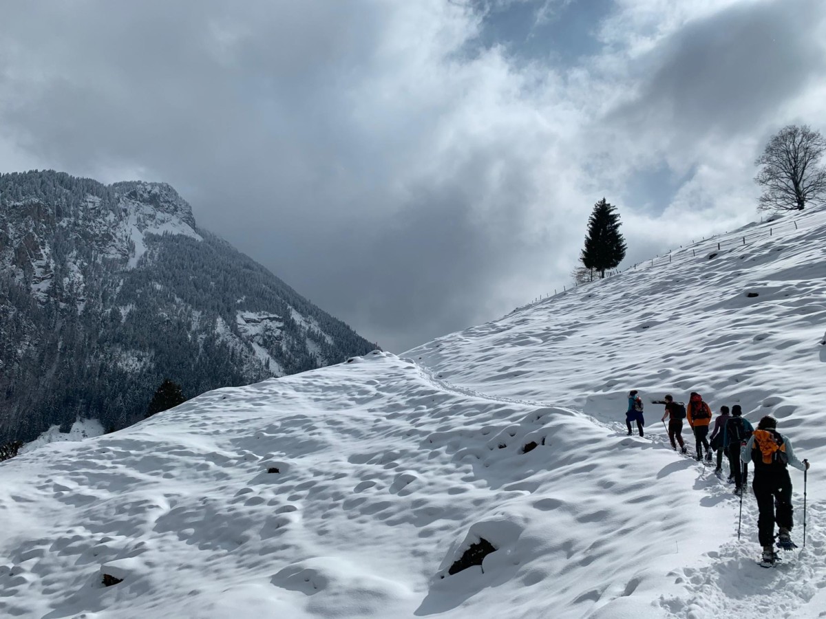 Sarah Archer snowshoeing in a line of people going up a snowy slope