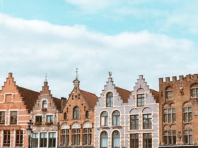 six brick buildings built very close together in ghent belgium