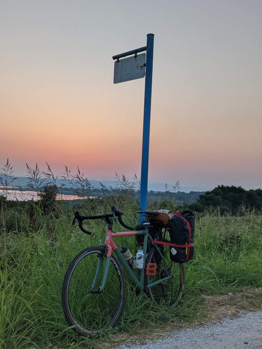 A bicycle sits against a blue sign post in a field full of tall grass with a pink and orange sunset behind it with a slight view of a body of water