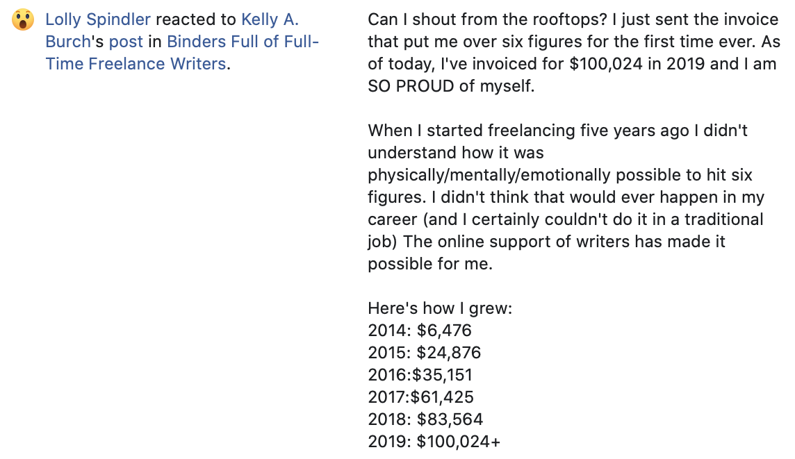 A screenshot from Lolly spindler that indicates how she grew her business to earning six figures per year