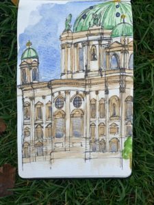 A watercolor painting depicting an old building in Berlin