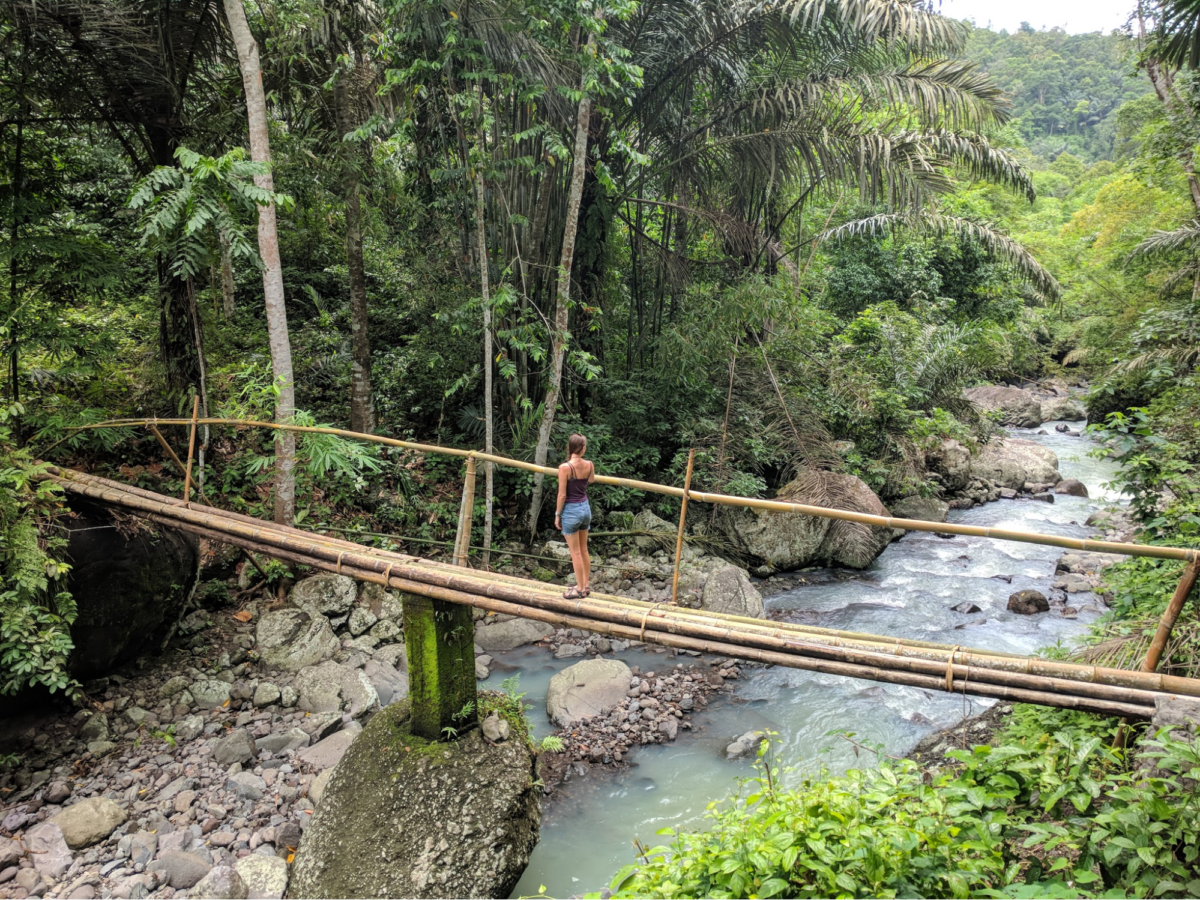 A woman stands on a bridge made of bamboo over a river in the jungle