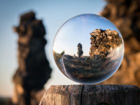 Glass ball focused on a rock formation