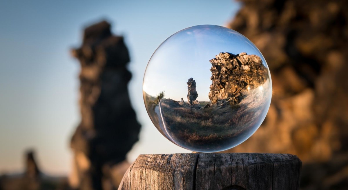 Glass ball focused on a rock formation