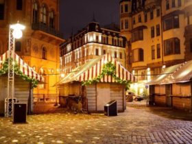 A European Christmas market at night