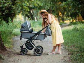 Mother taking her baby to a walk in the park with a travel stroller