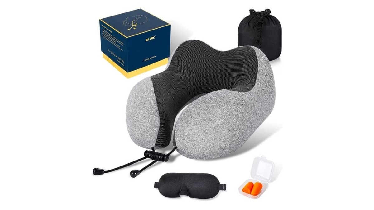 EKKONG Travel Pillow Neck Support Memory Foam Cushion Essentials Pillow with Portable Storage Bag Blue Eye Mask and Ear Plugs for Airplane Train Car Travelling and Flights 